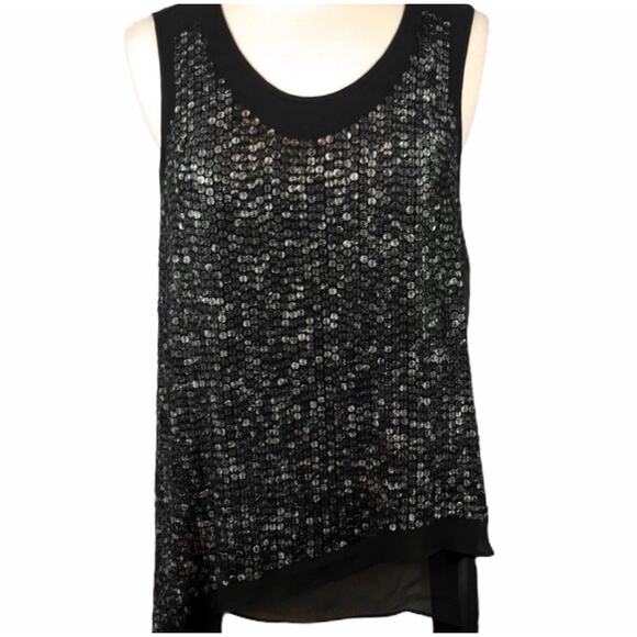 LOLA & SOPHIE Black Sequins Blouse Chiffon Layers Sheer Embellished Top Small EC - Picture 2 of 8
